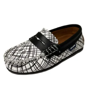 Atlanta Mocassin Boy's and Girl's Geometric Pattern Penny Loafers, White/Black Print