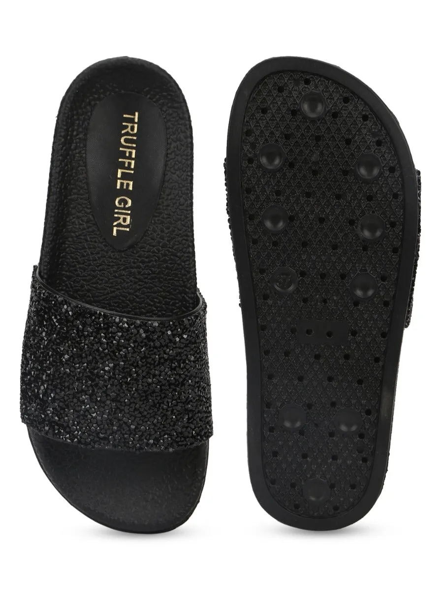 Black PU Glitter Slides