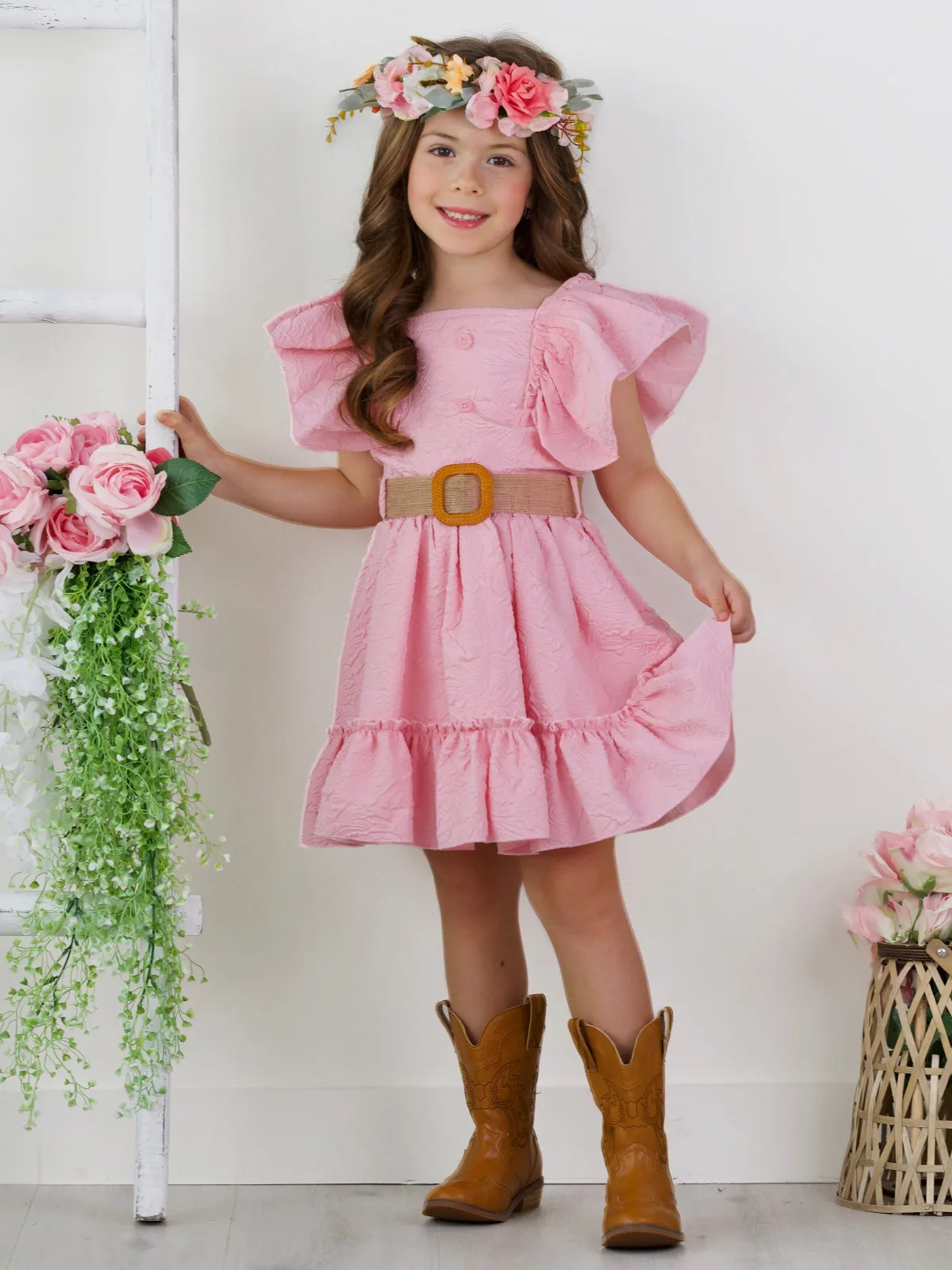 Blush Pink Ruffle Sleeve Belted Skirt Set