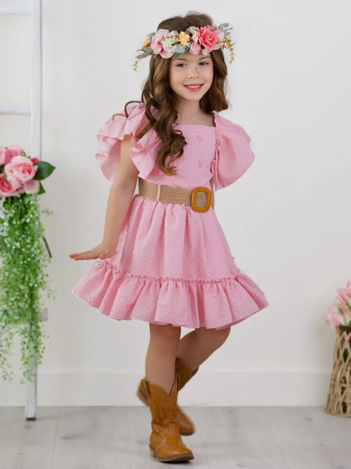 Blush Pink Ruffle Sleeve Belted Skirt Set