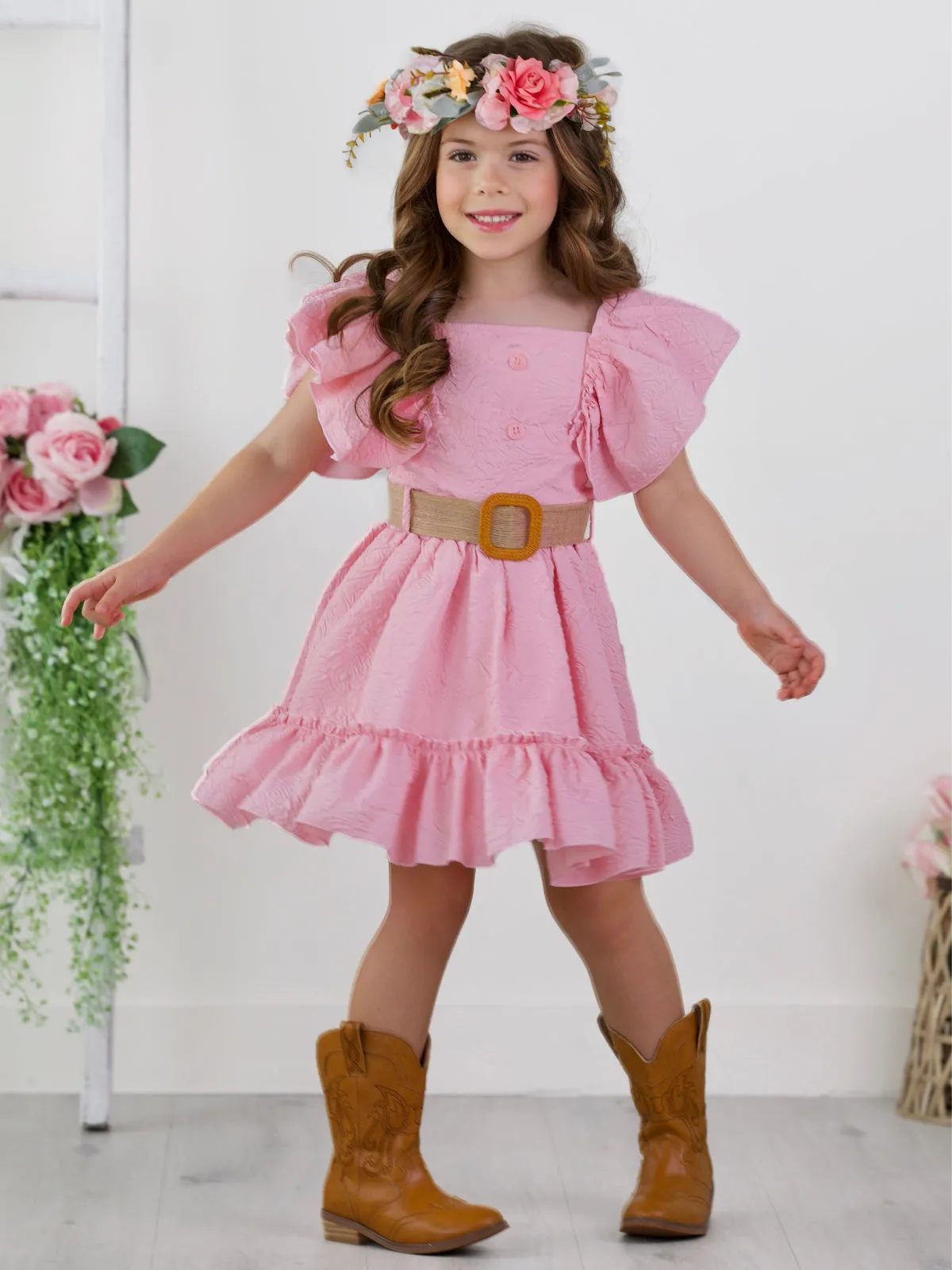 Blush Pink Ruffle Sleeve Belted Skirt Set