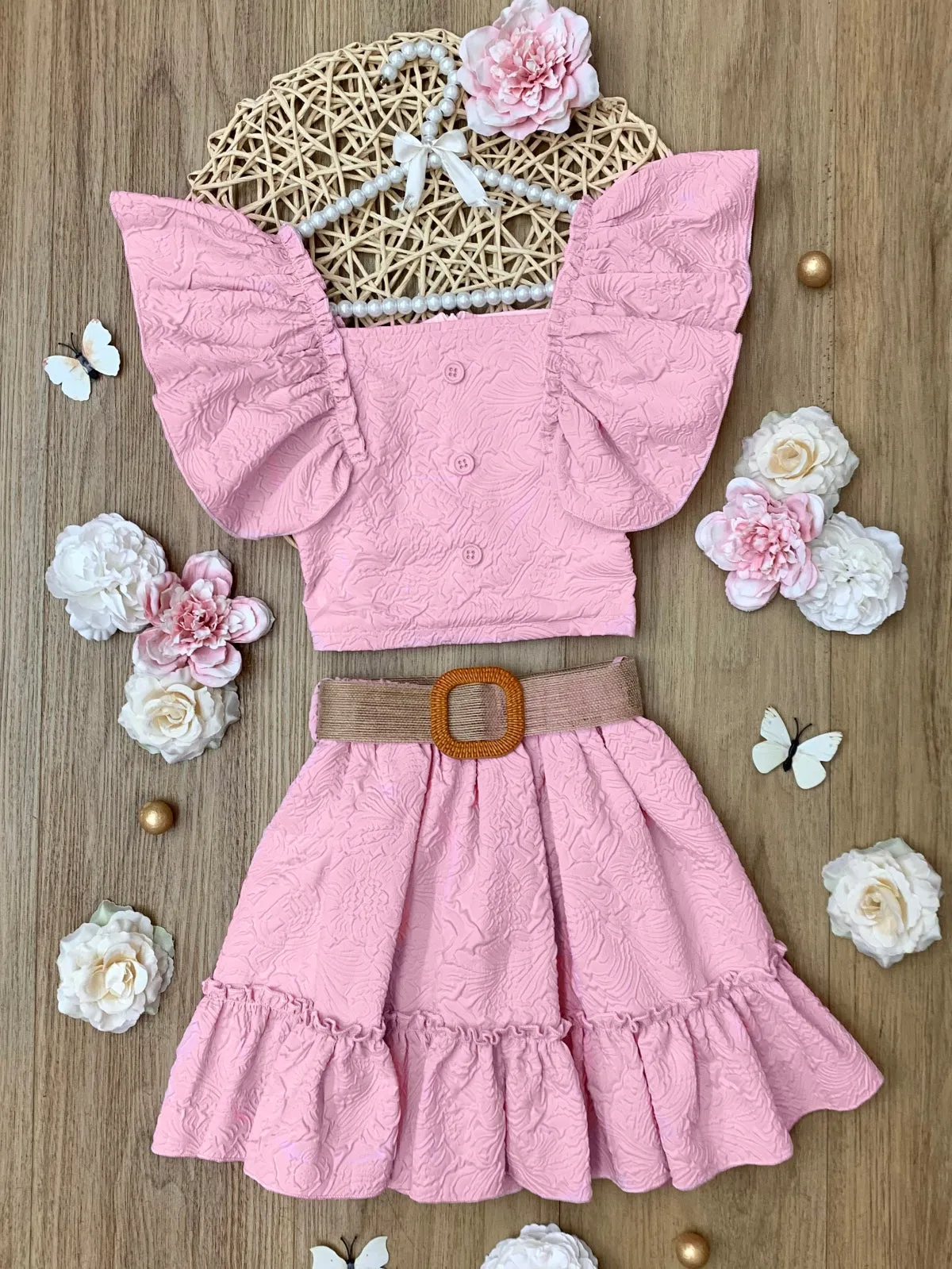 Blush Pink Ruffle Sleeve Belted Skirt Set