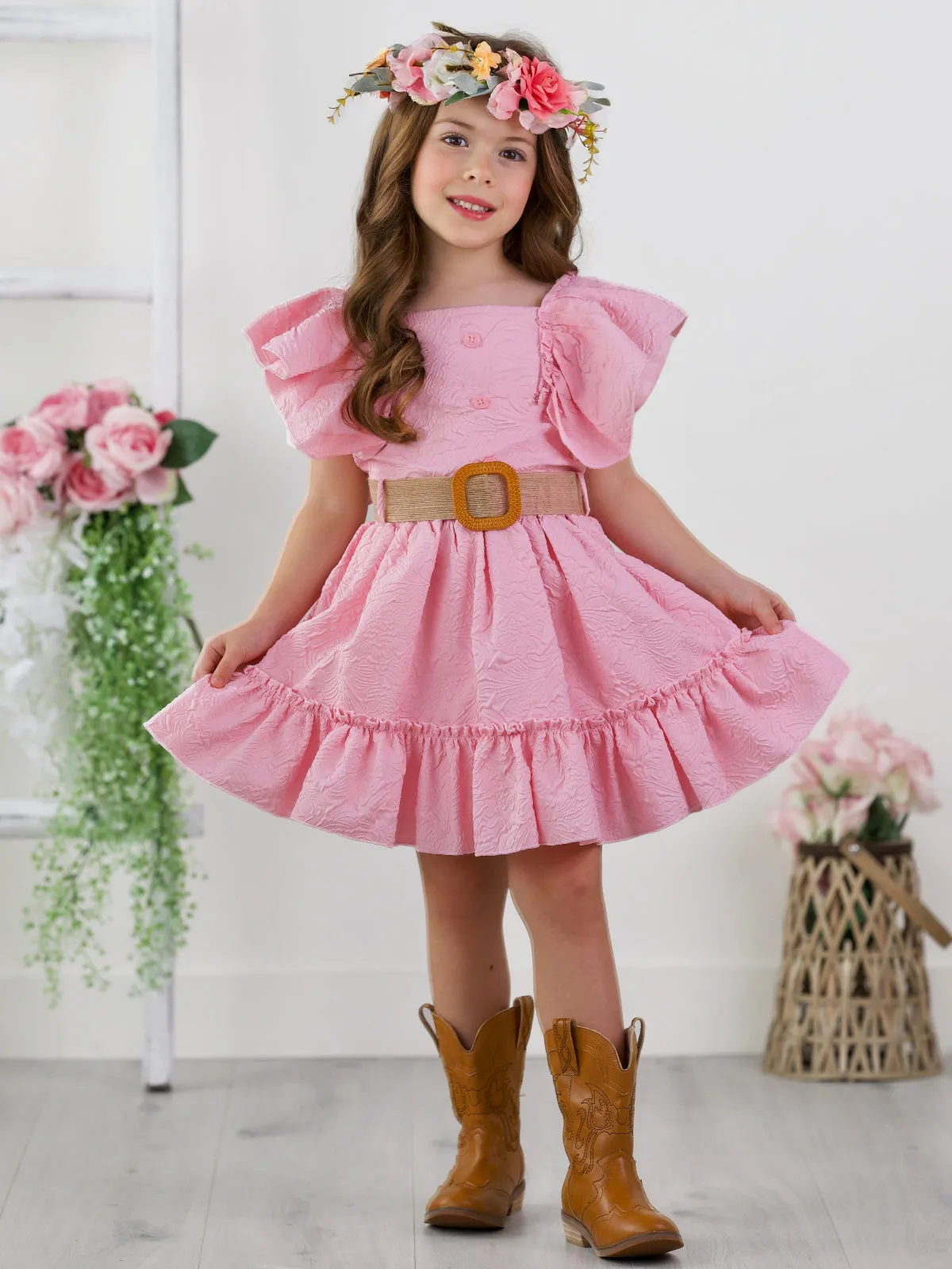 Blush Pink Ruffle Sleeve Belted Skirt Set