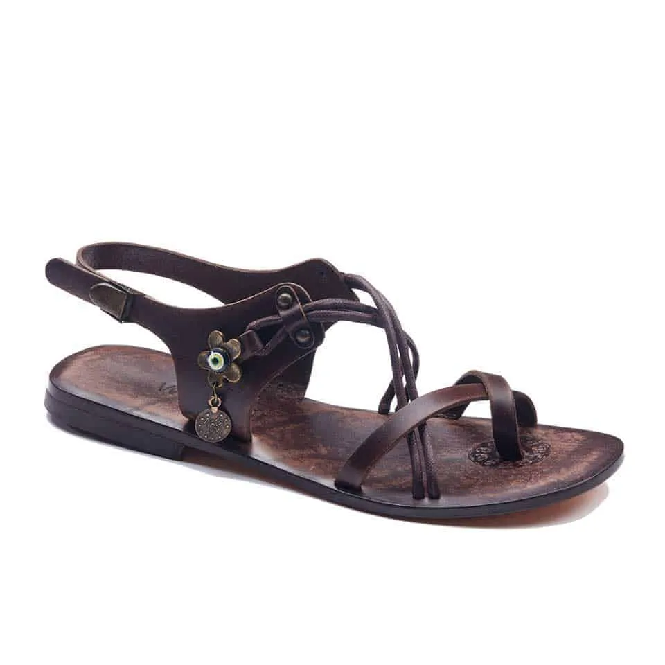 Brown Leather Toe Loop Ankle Strap Sandals