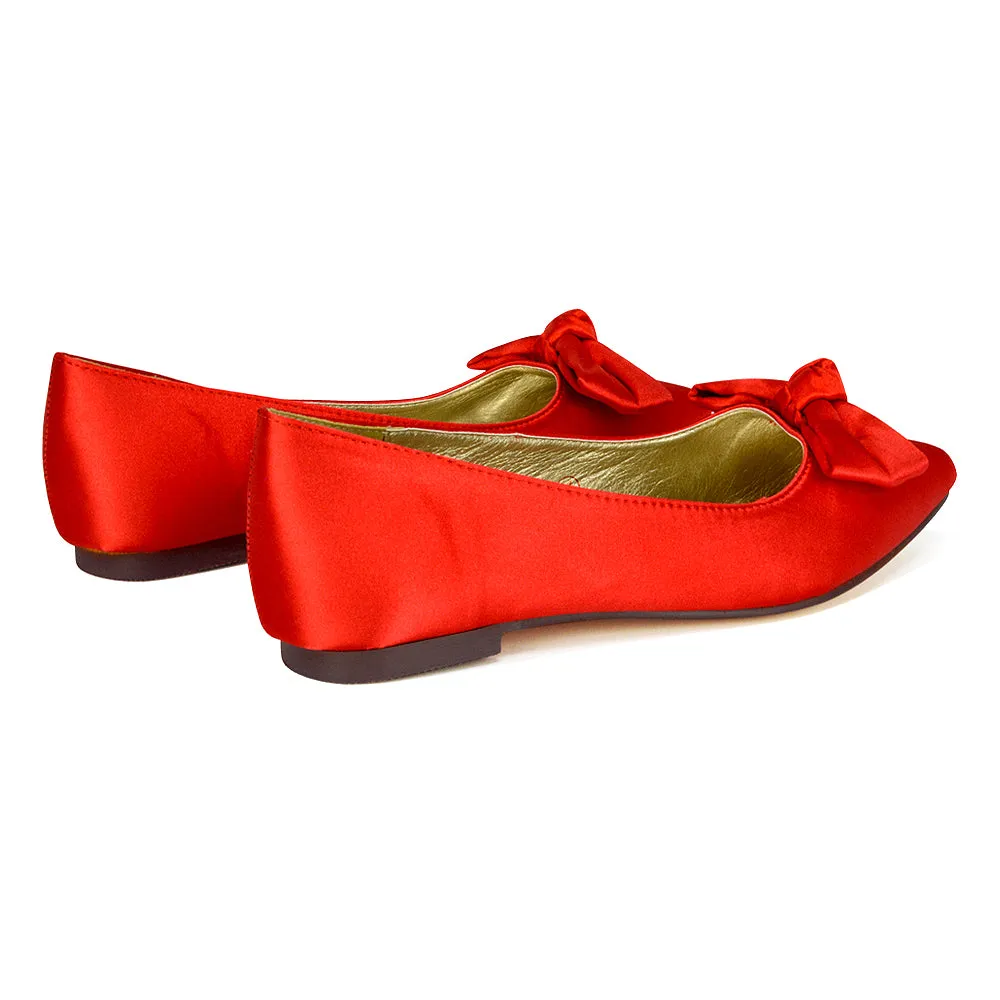 Cally Bow Detail Pointed Toe Ballerina Bridal Flats Pump Shoes in Red