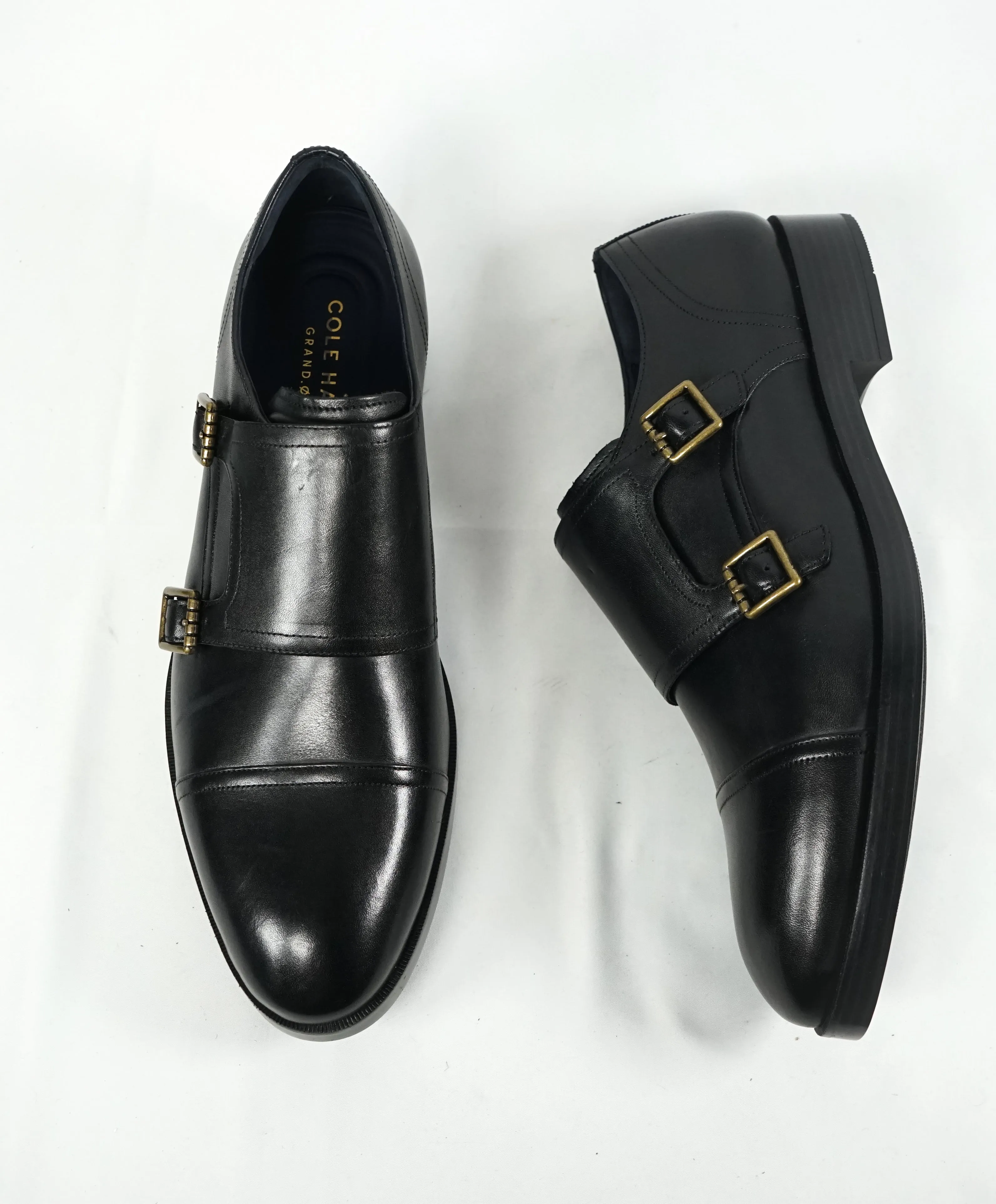 COLE HAAN - "Henry" Black Cap Toe Double Monk Strap Loafers "Grand OS” - 10.5