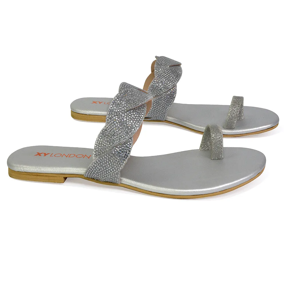 Dreamer Diamante Strap Toe Post Ring Flat Summer Woven Sandal Sliders in Black