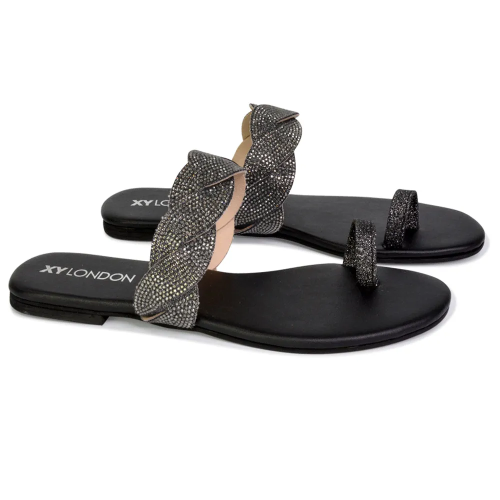 Dreamer Diamante Strap Toe Post Ring Flat Summer Woven Sandal Sliders in Black