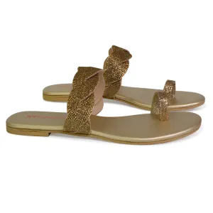 Dreamer Diamante Strap Toe Post Ring Flat Summer Woven Sandal Sliders in Gold