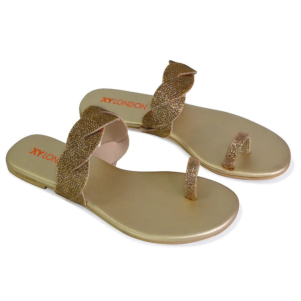 Dreamer Diamante Strap Toe Post Ring Flat Summer Woven Sandal Sliders in Gold