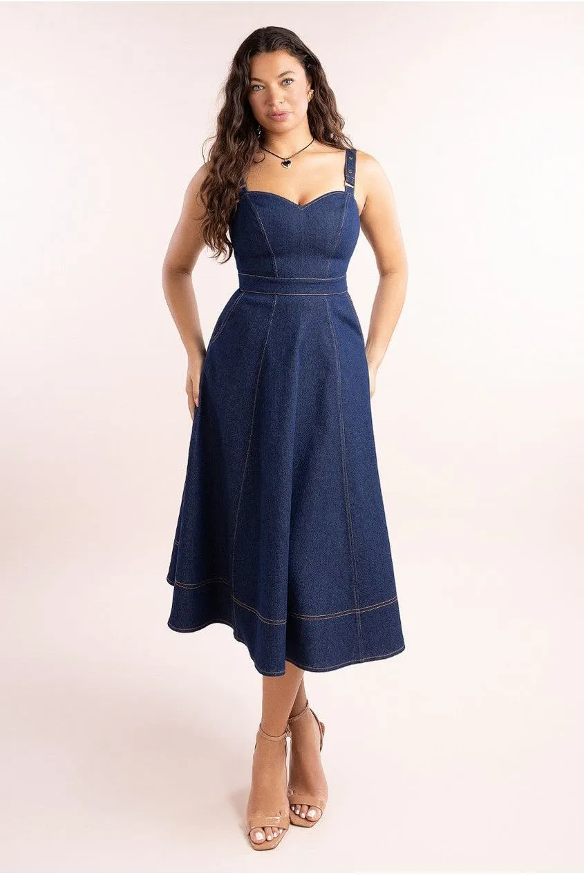 Goddiva Denim Buckle Strap A-line Midi Dress - Navy Denim