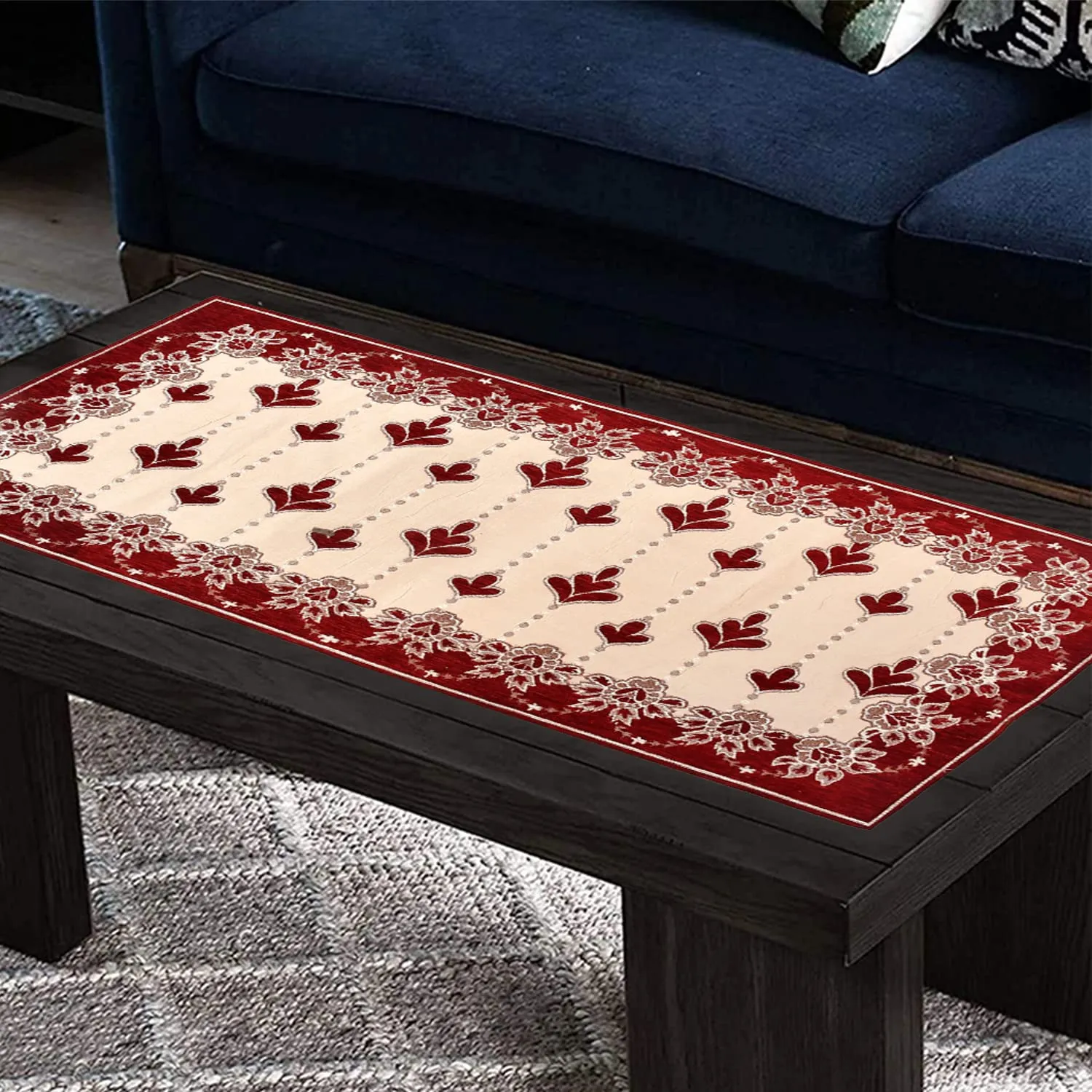 Heart Home Multiuses Floral Print Rectangular Cotton Table Runner for Dining and Center Table (Maroon)-50HH01289