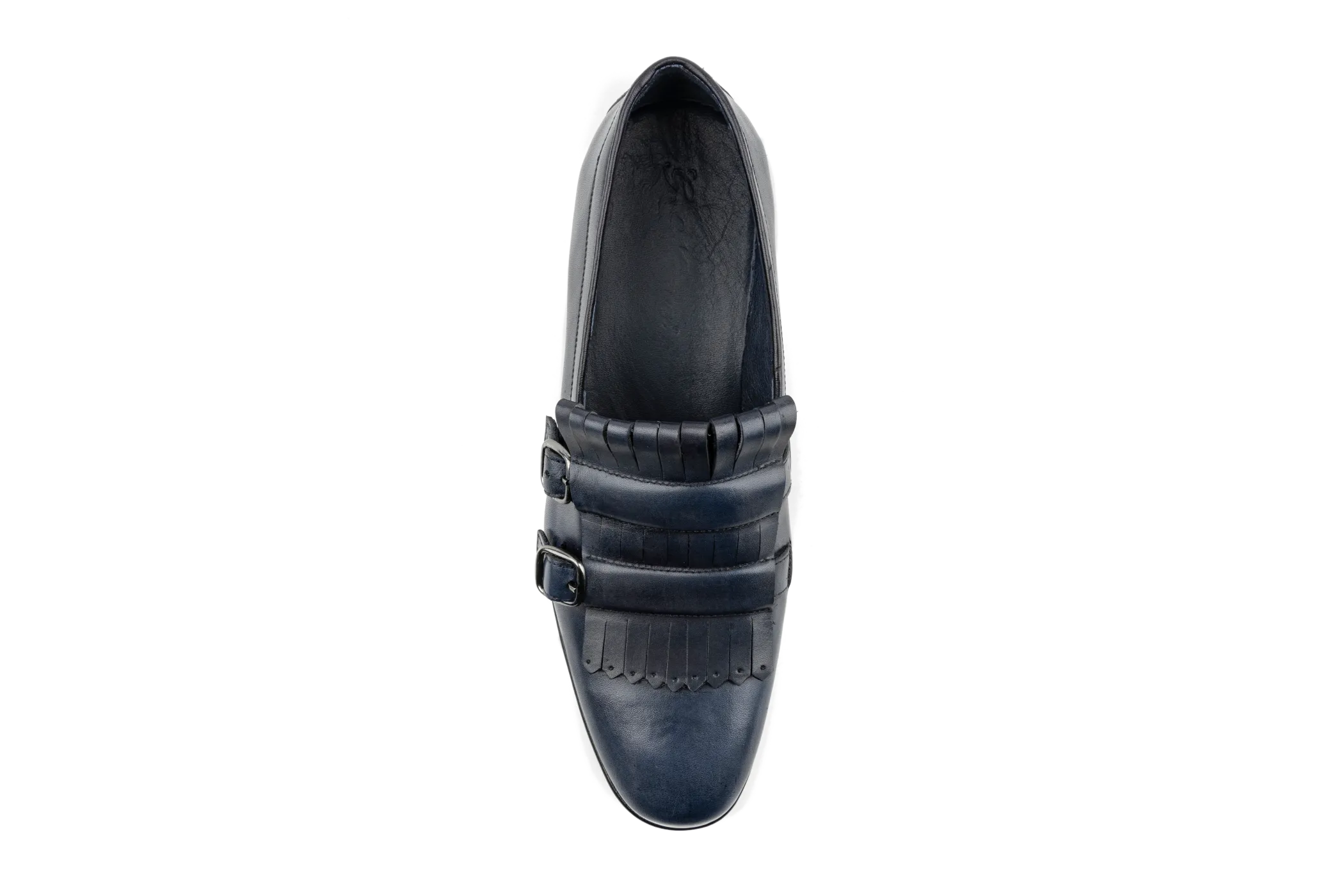 Huy Fringed Double Buckled Leather Loafers, Crust Leather Upper, Experimental Double Monk Leather Sole Loafers, Classy in Navy