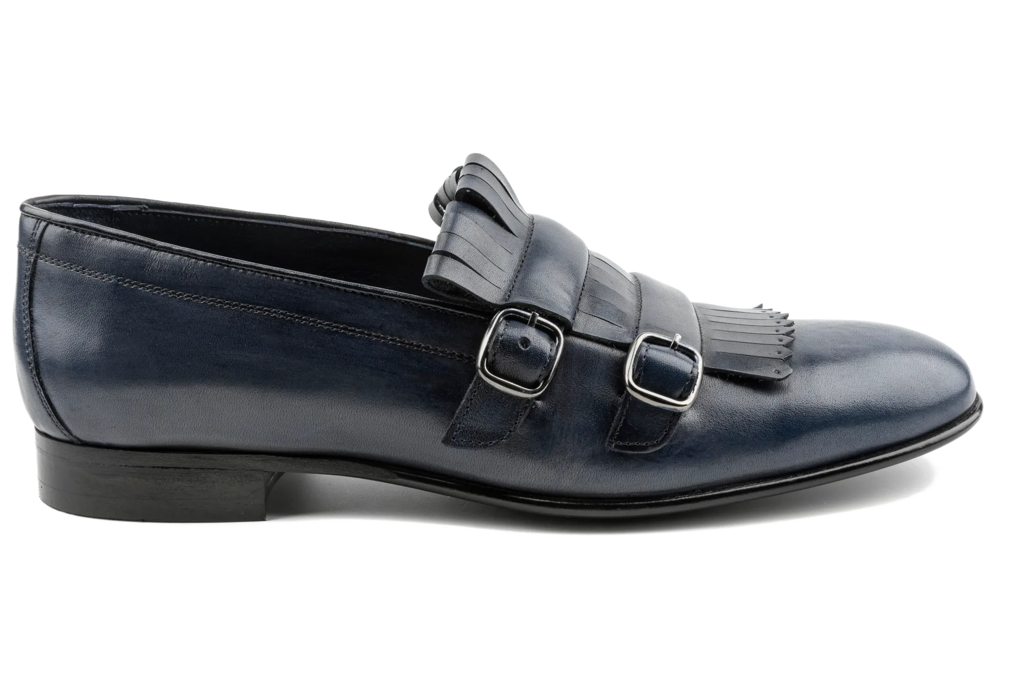 Huy Fringed Double Buckled Leather Loafers, Crust Leather Upper, Experimental Double Monk Leather Sole Loafers, Classy in Navy