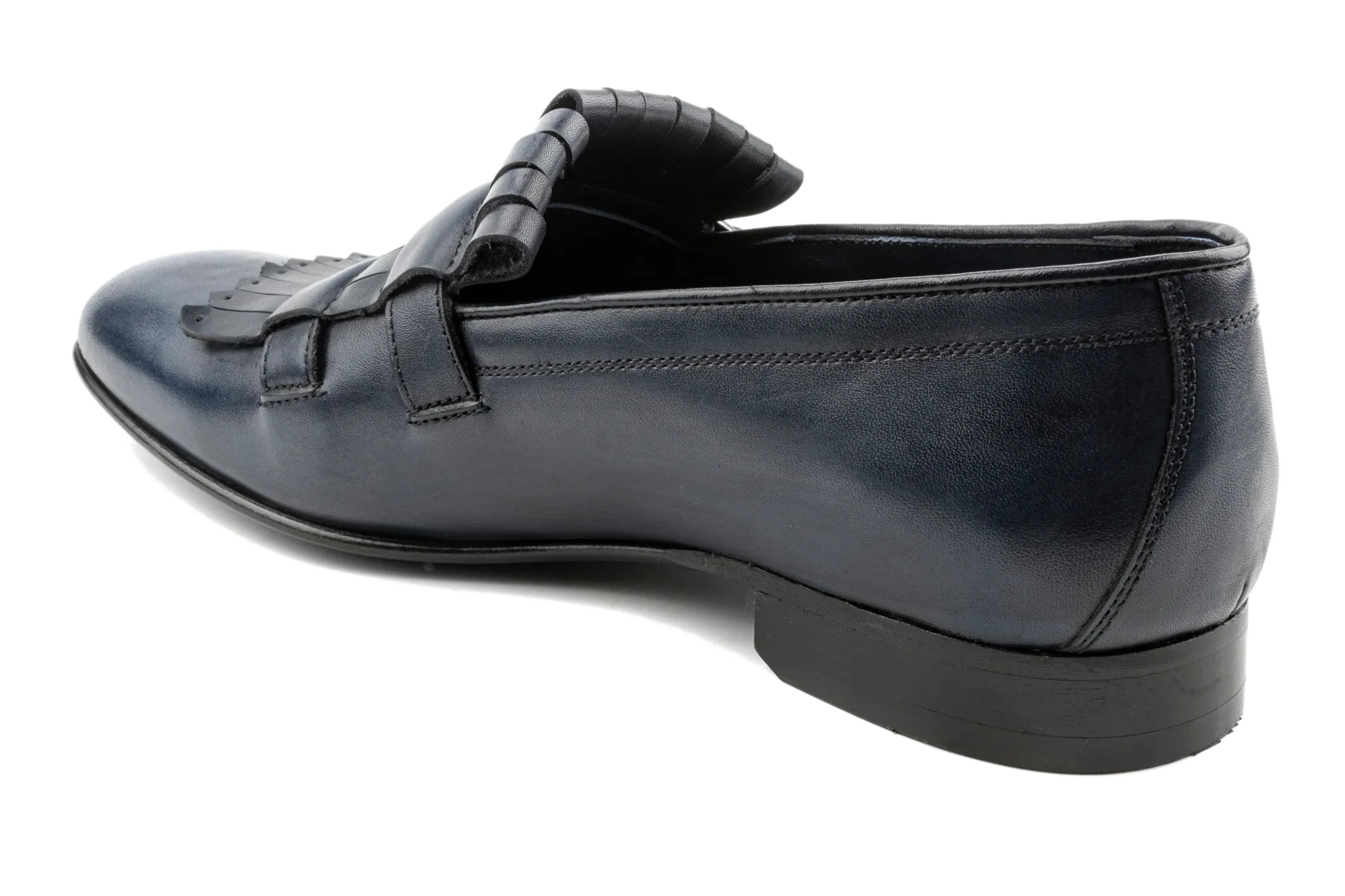 Huy Fringed Double Buckled Leather Loafers, Crust Leather Upper, Experimental Double Monk Leather Sole Loafers, Classy in Navy