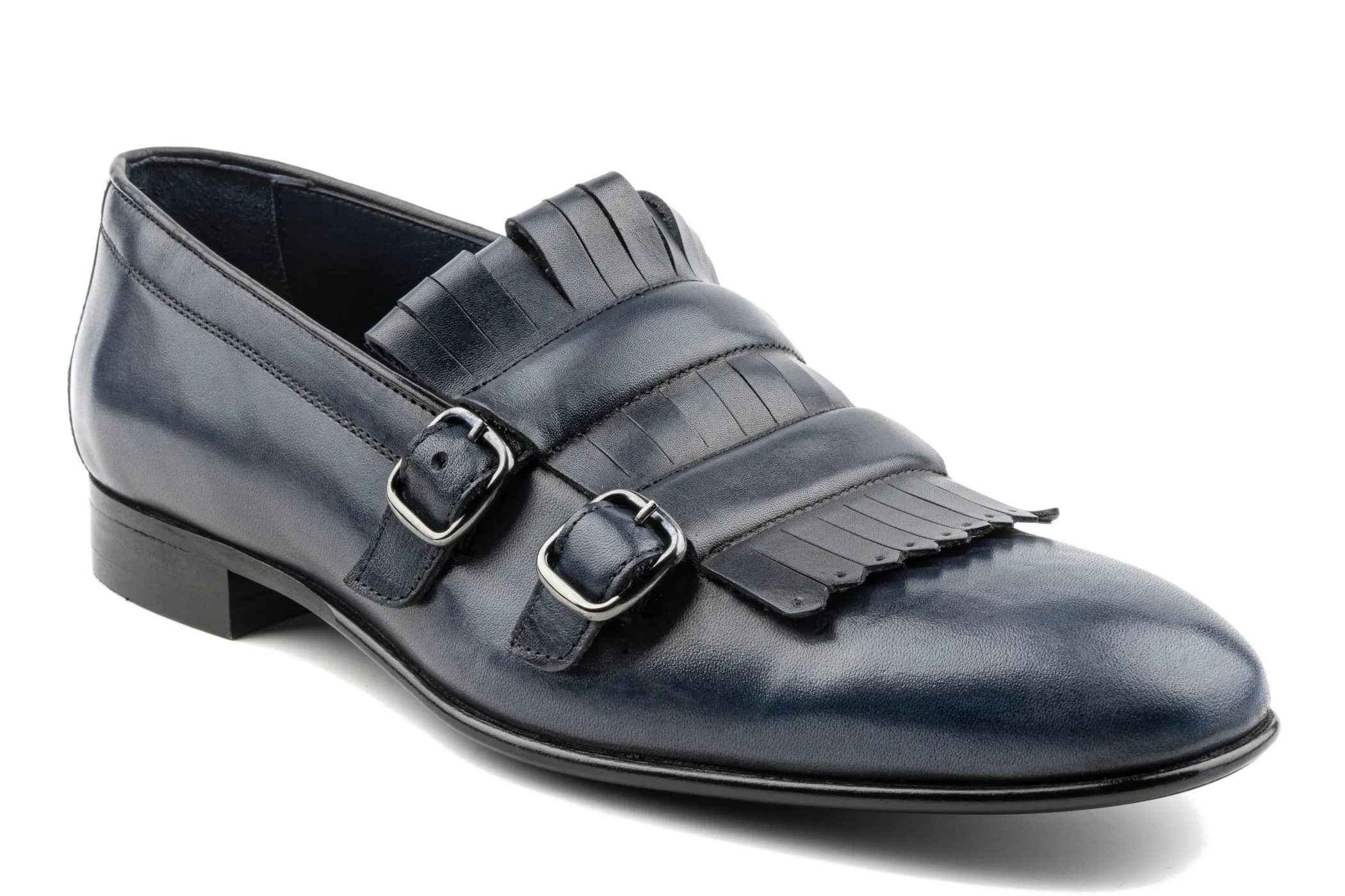 Huy Fringed Double Buckled Leather Loafers, Crust Leather Upper, Experimental Double Monk Leather Sole Loafers, Classy in Navy