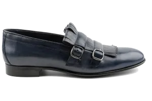 Huy Fringed Double Buckled Leather Loafers, Crust Leather Upper, Experimental Double Monk Leather Sole Loafers, Classy in Navy