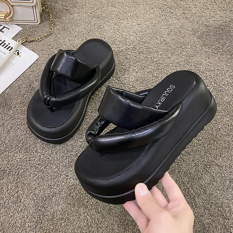 Joskaa 2024 New Chunky Black Leather Sandals