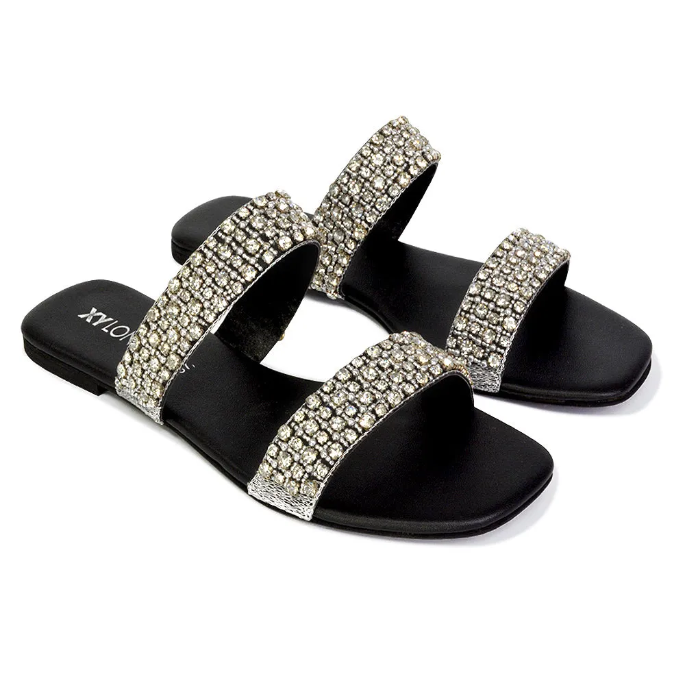 Justina Sparkly Embellished Square Toe Double Strappy Flat Diamante Sandals in Black