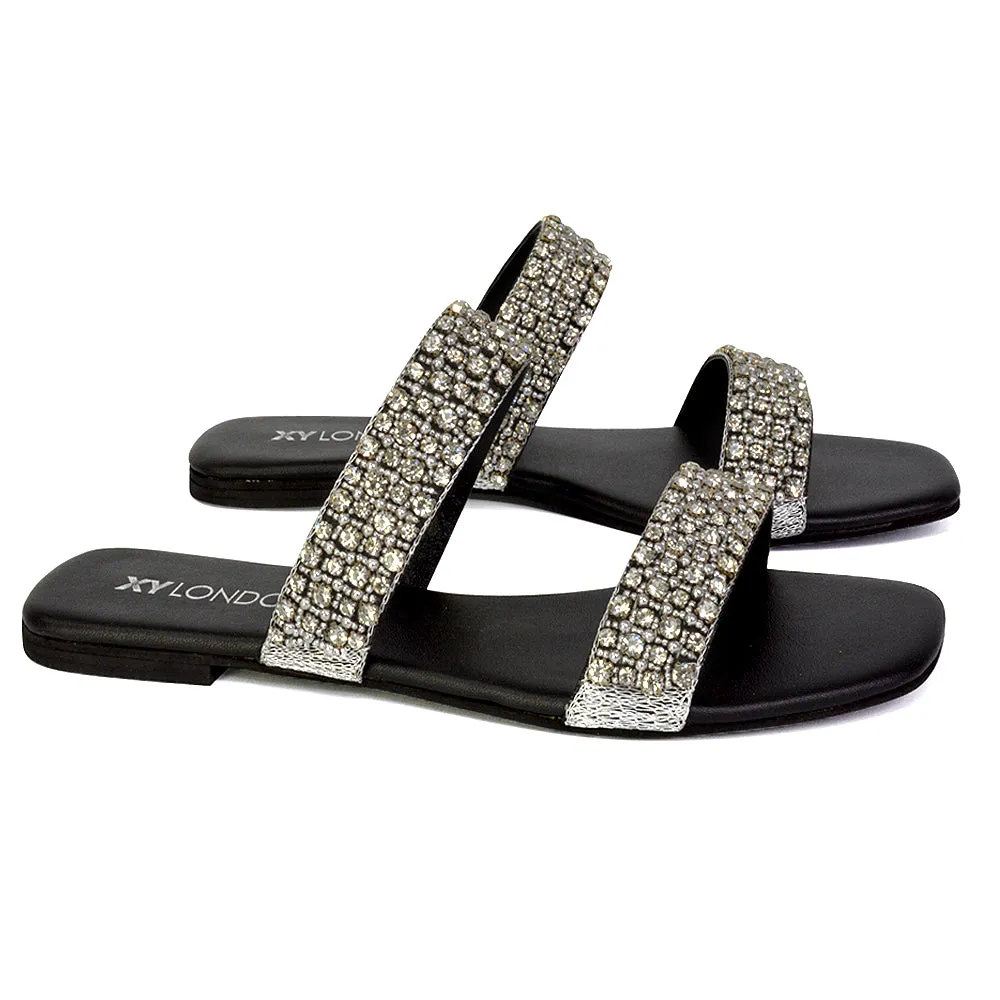 Justina Sparkly Embellished Square Toe Double Strappy Flat Diamante Sandals in Black