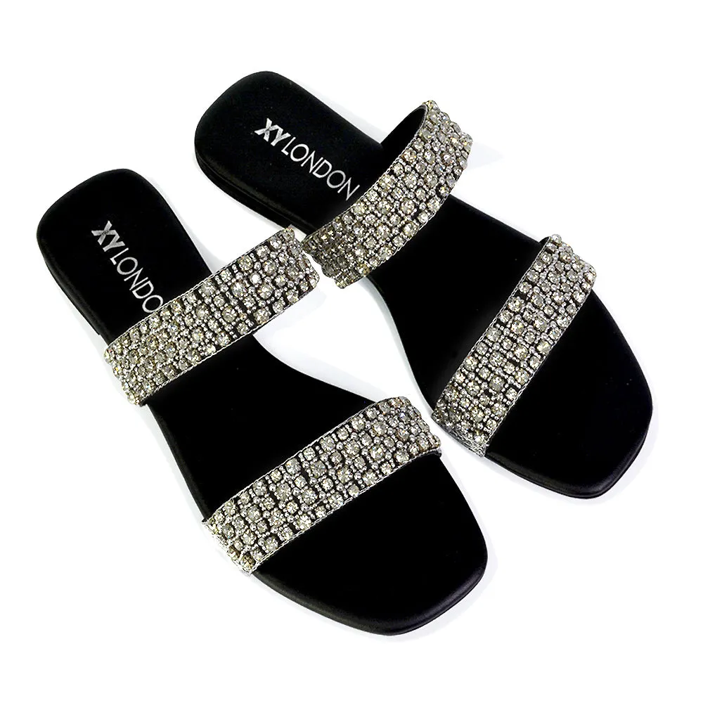 Justina Sparkly Embellished Square Toe Double Strappy Flat Diamante Sandals in Black