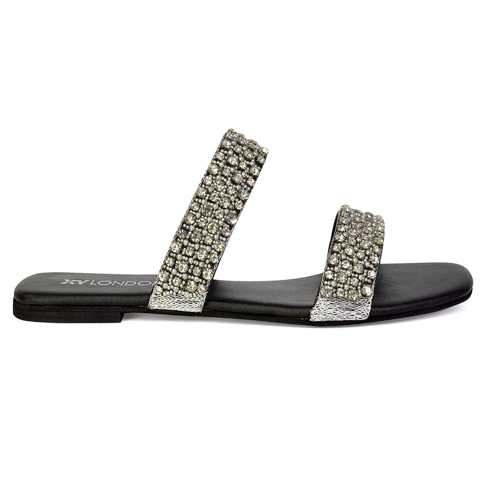 Justina Sparkly Embellished Square Toe Double Strappy Flat Diamante Sandals in Black