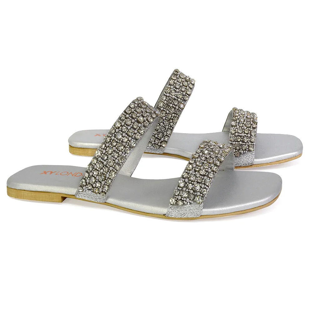 Justina Sparkly Embellished Square Toe Double Strappy Flat Diamante Sandals in Black