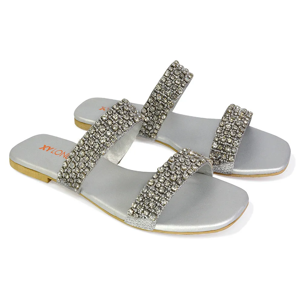 Justina Sparkly Embellished Square Toe Double Strappy Flat Diamante Sandals in Orange