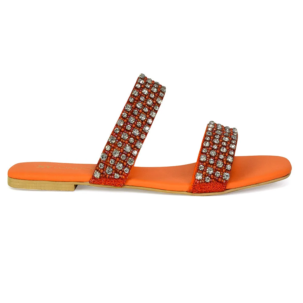 Justina Sparkly Embellished Square Toe Double Strappy Flat Diamante Sandals in Orange