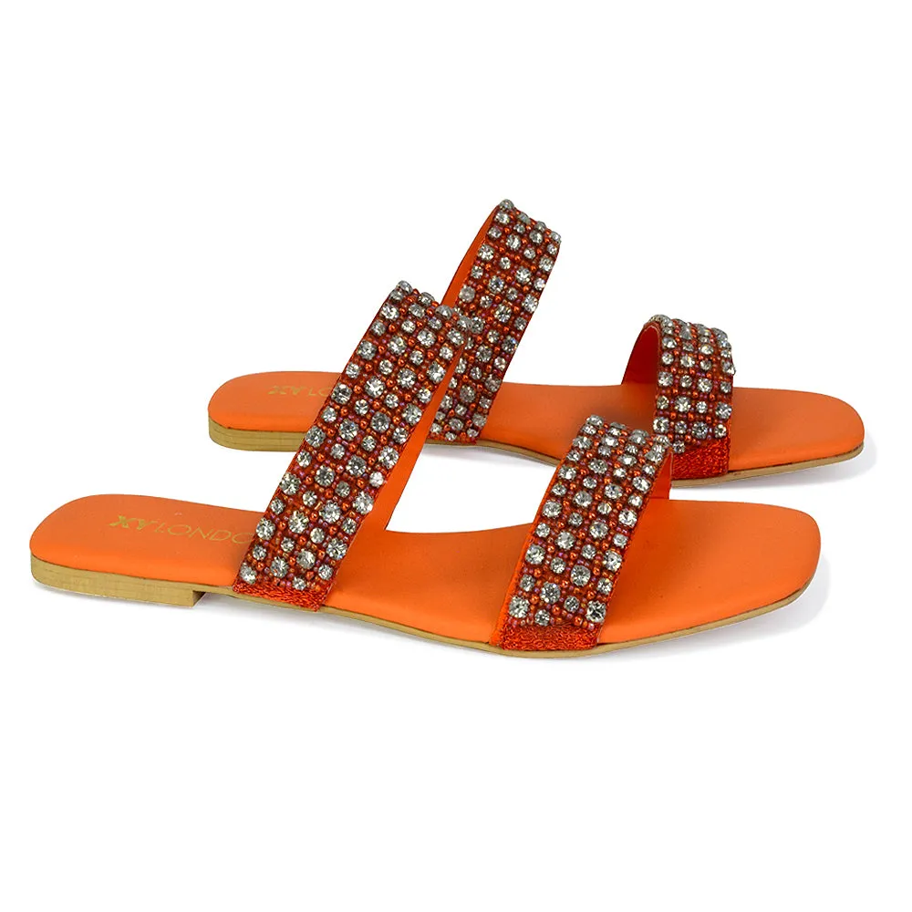 Justina Sparkly Embellished Square Toe Double Strappy Flat Diamante Sandals in Orange