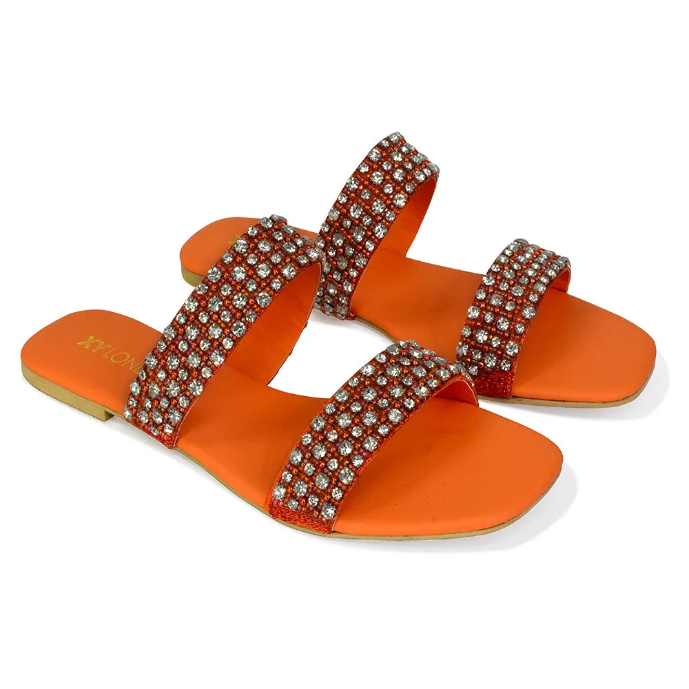 Justina Sparkly Embellished Square Toe Double Strappy Flat Diamante Sandals in Orange