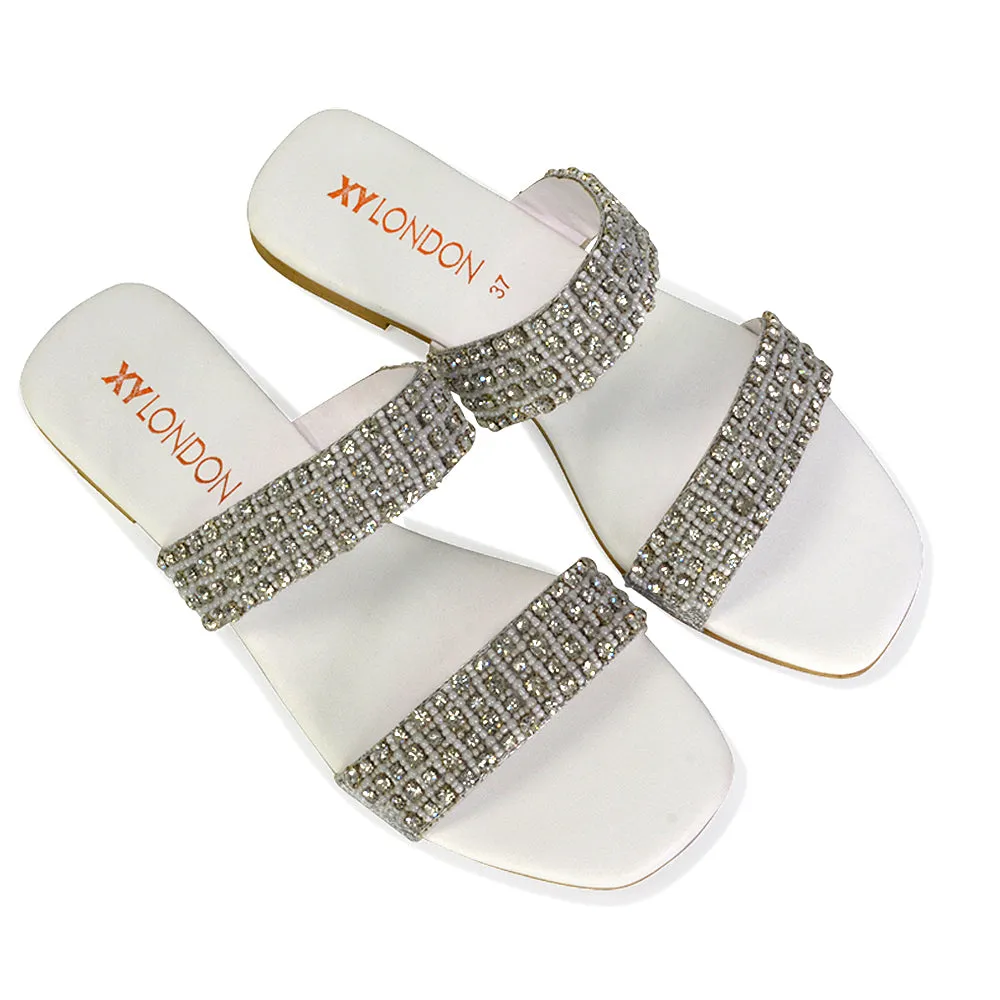 Justina Sparkly Embellished Square Toe Double Strappy Flat Diamante Sandals in Orange