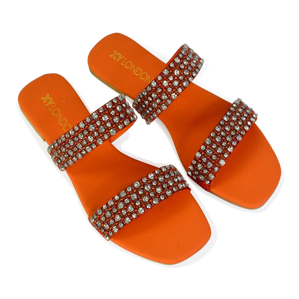 Justina Sparkly Embellished Square Toe Double Strappy Flat Diamante Sandals in Orange