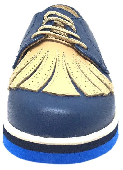 Luccini Boy's and Girl's Navy & Tan Leather Lace Up Stitched Fringe Foam Bottom Oxford Loafer Shoe