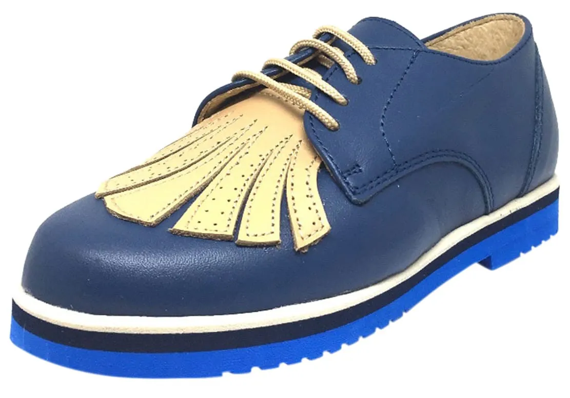 Luccini Boy's and Girl's Navy & Tan Leather Lace Up Stitched Fringe Foam Bottom Oxford Loafer Shoe