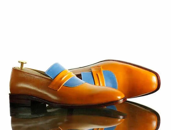 New Handmade Men's Tan Blue Leather Penny Loafers, Men Dress Fashion Driving Shoes