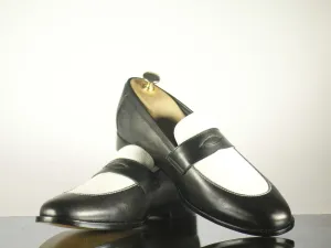 New Men's Handmade Black White Leather Penny Tassel Loafers, Men Designer Dress Luxury Shoes