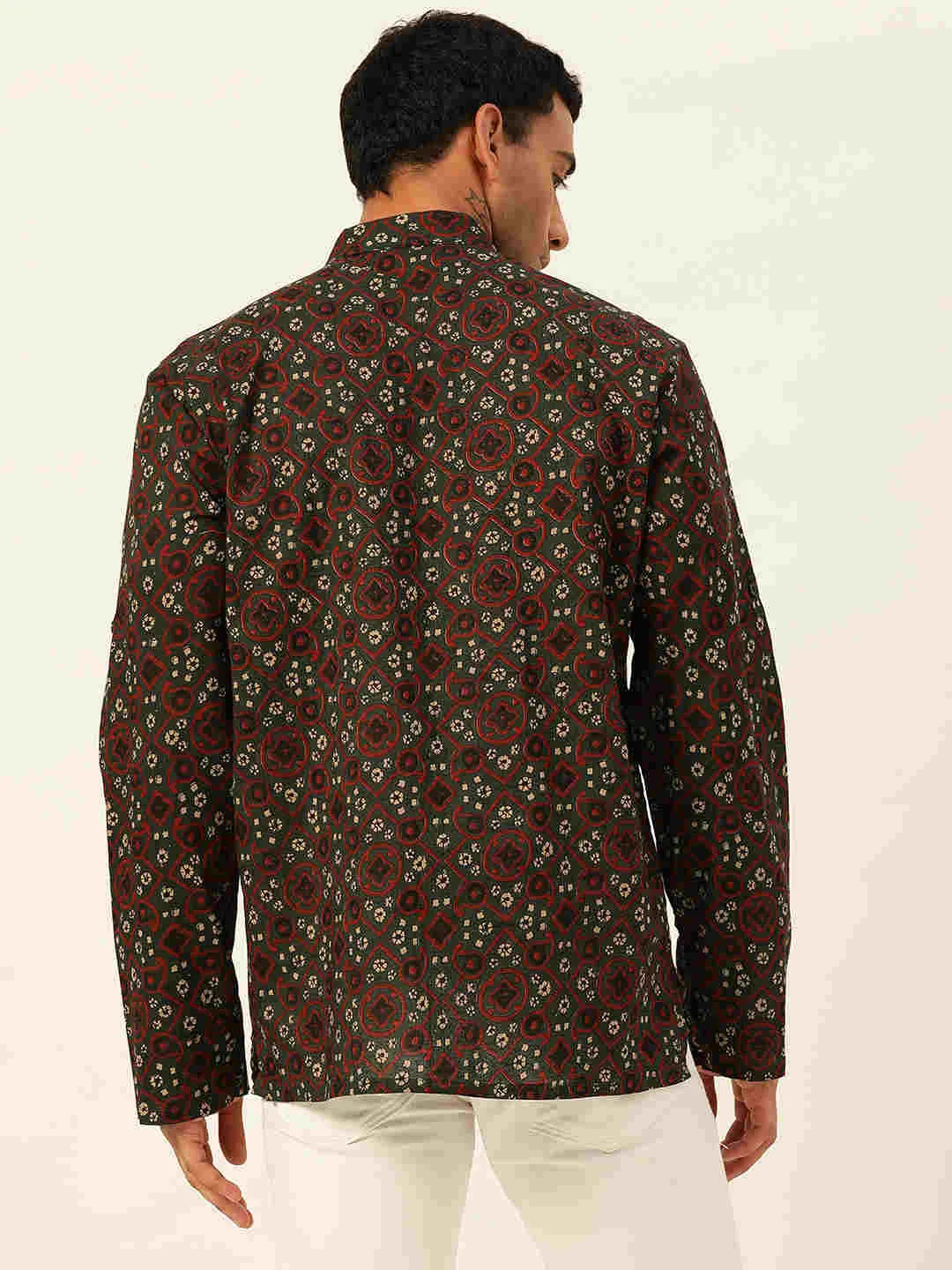 Premium Dark Green & Red Rhombus Print Handblock Printed Short Kurta