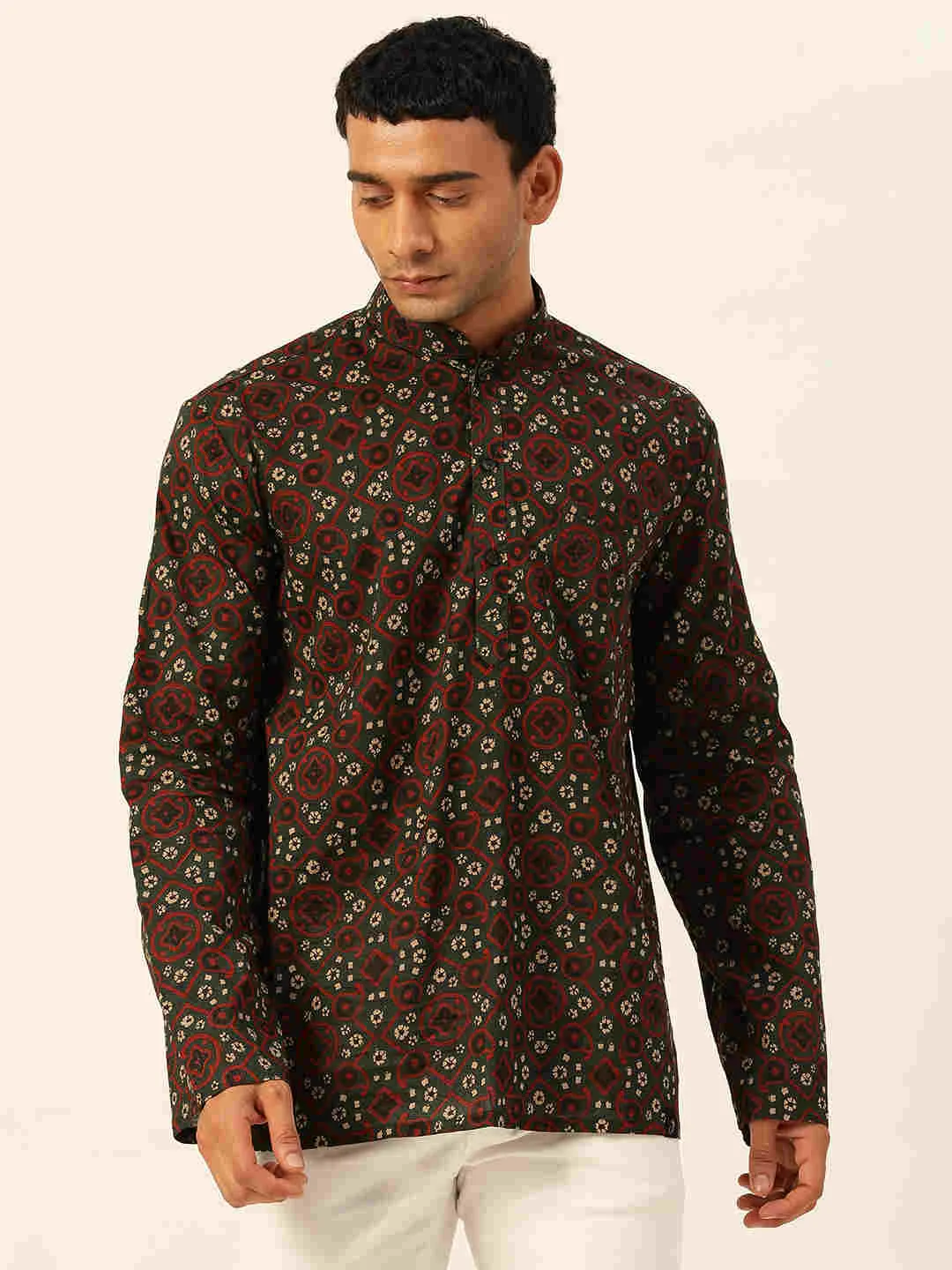 Premium Dark Green & Red Rhombus Print Handblock Printed Short Kurta