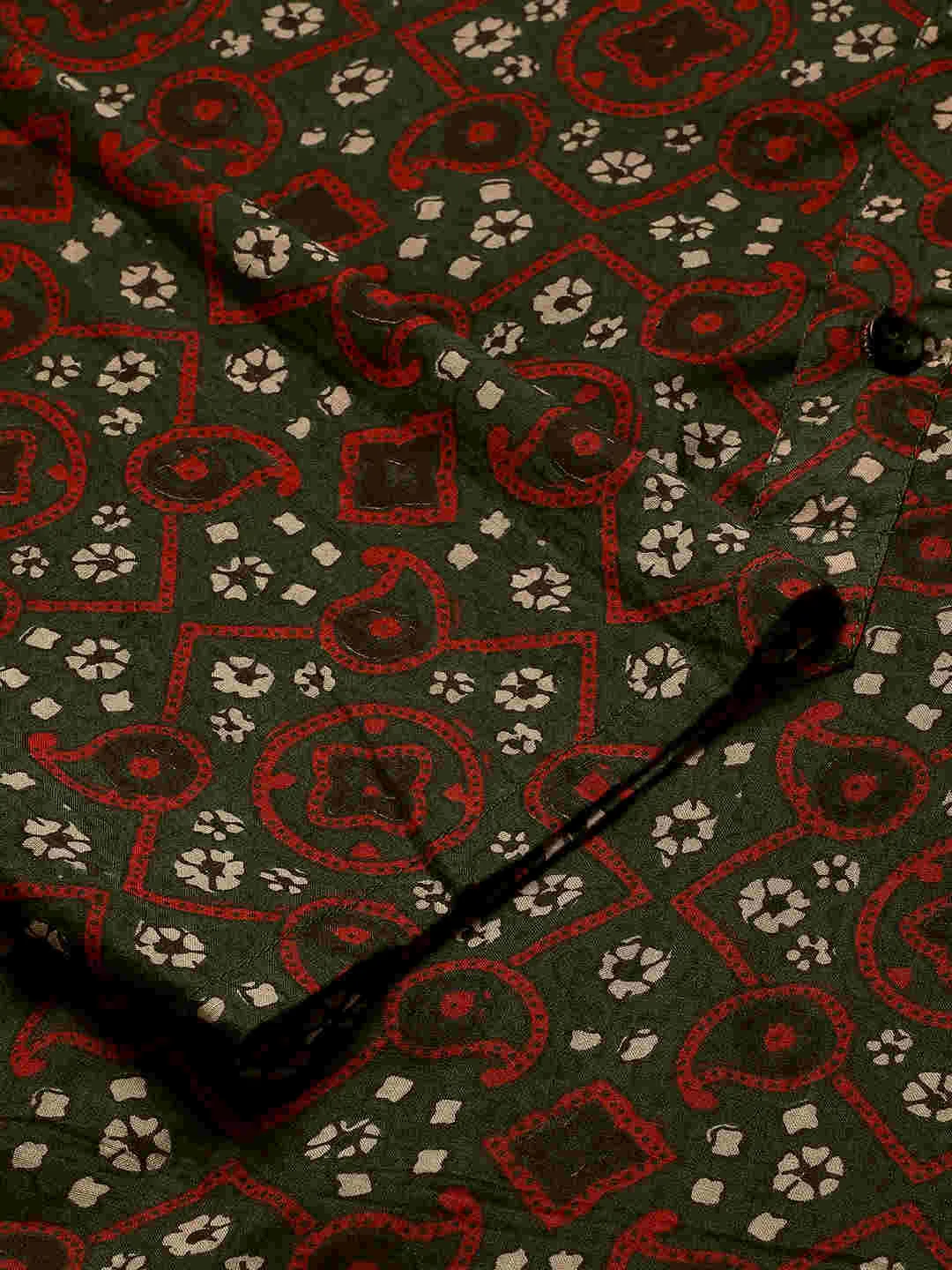 Premium Dark Green & Red Rhombus Print Handblock Printed Short Kurta