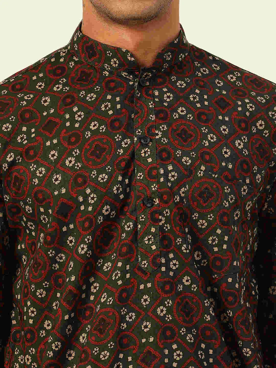 Premium Dark Green & Red Rhombus Print Handblock Printed Short Kurta