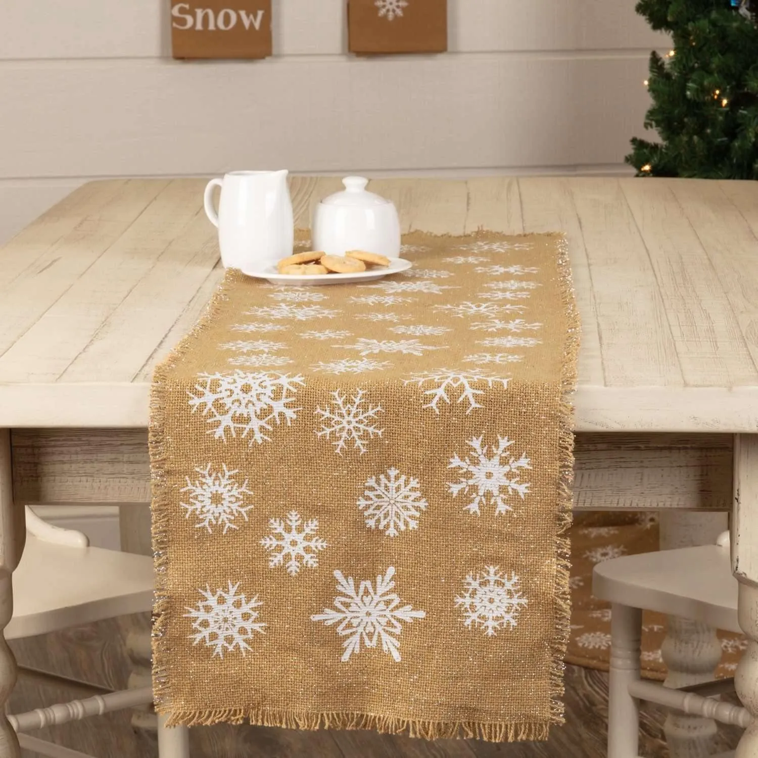 Snowflake Burlap Natural Runner 13x48 VHC Brands