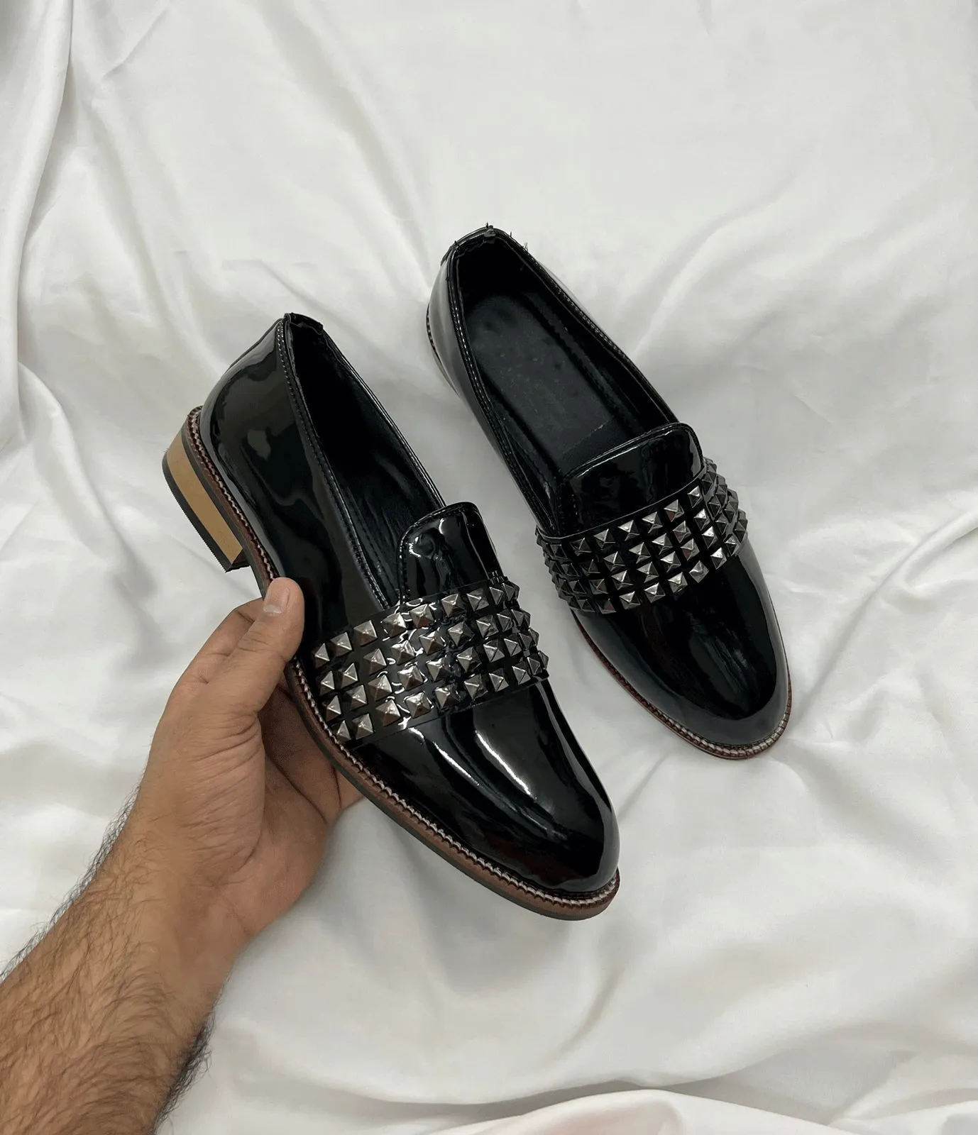 Spike Design Semi Casual Stud Detail Patent Loafers-JonasParamount