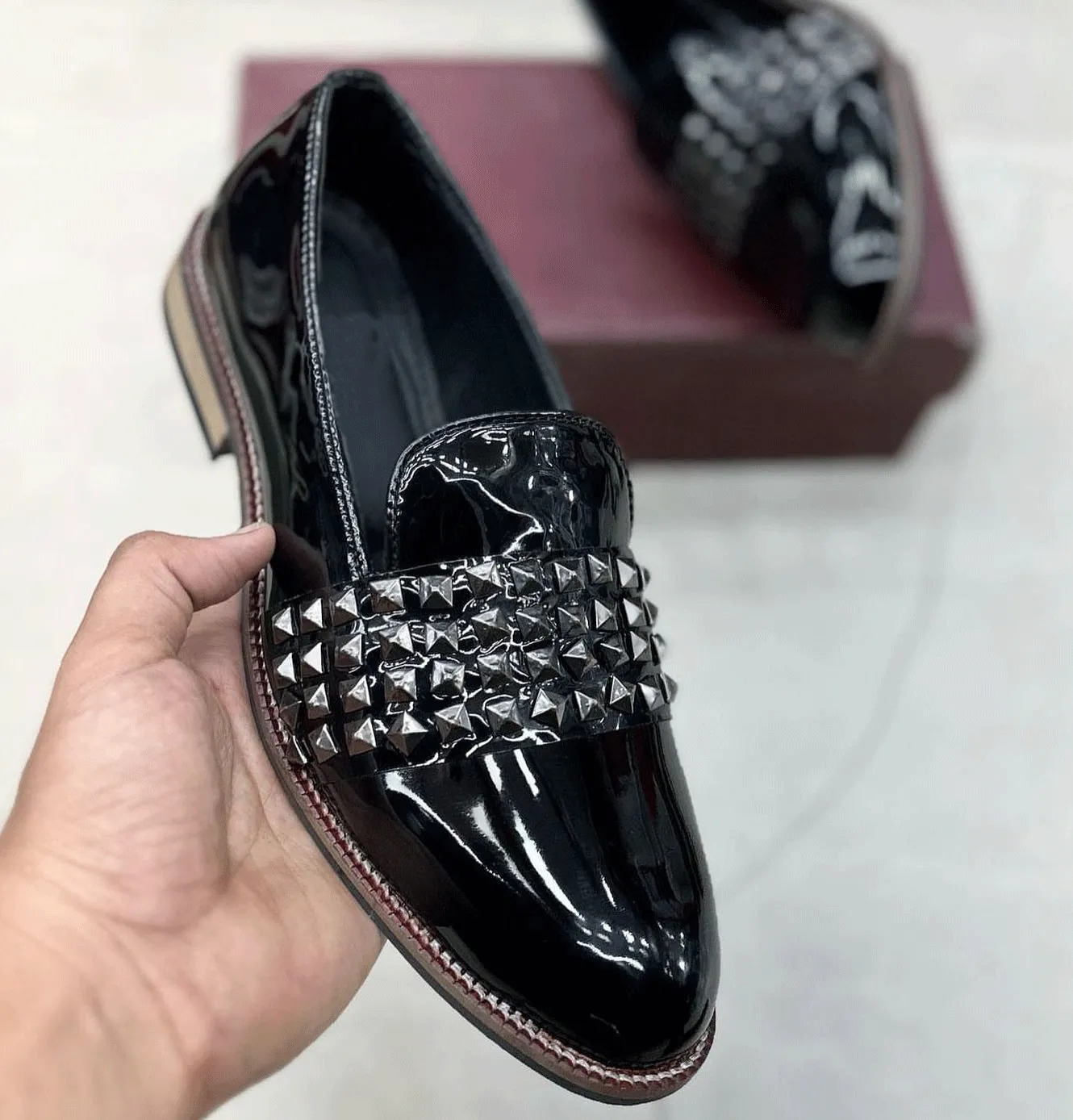 Spike Design Semi Casual Stud Detail Patent Loafers-JonasParamount