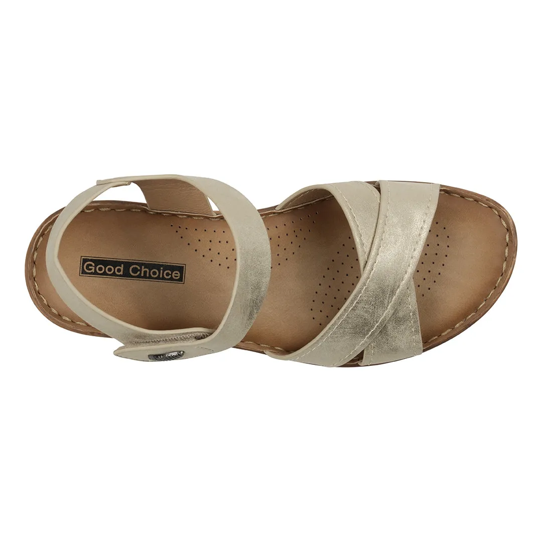 Vienna Beige Cross Strap Velcro Slingback Wedge Sandals