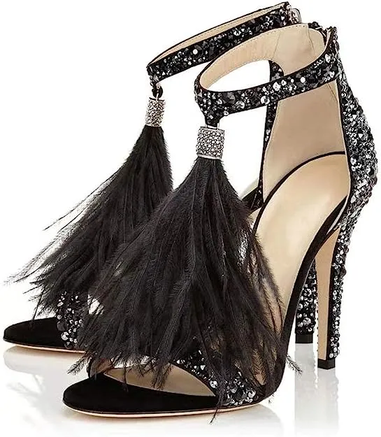 White Feather Rhinestone Ankle Strap Glitter Tassel Dress Heels