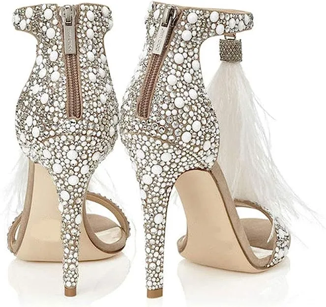 White Feather Rhinestone Ankle Strap Glitter Tassel Dress Heels