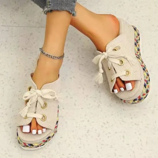 Women espadrille color block woven slide chunky platform sandals