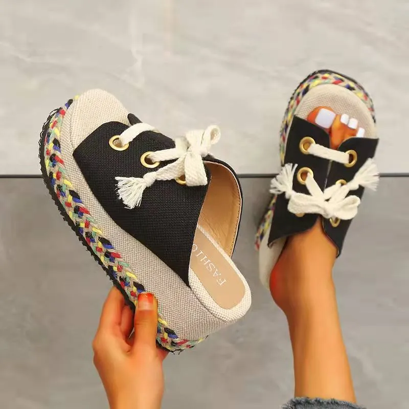 Women espadrille color block woven slide chunky platform sandals