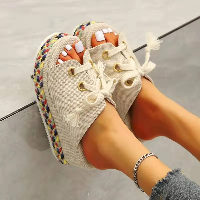 Women espadrille color block woven slide chunky platform sandals